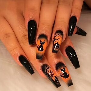 Women’s Long Halloween Night Black Cat Glossy Press On Nails